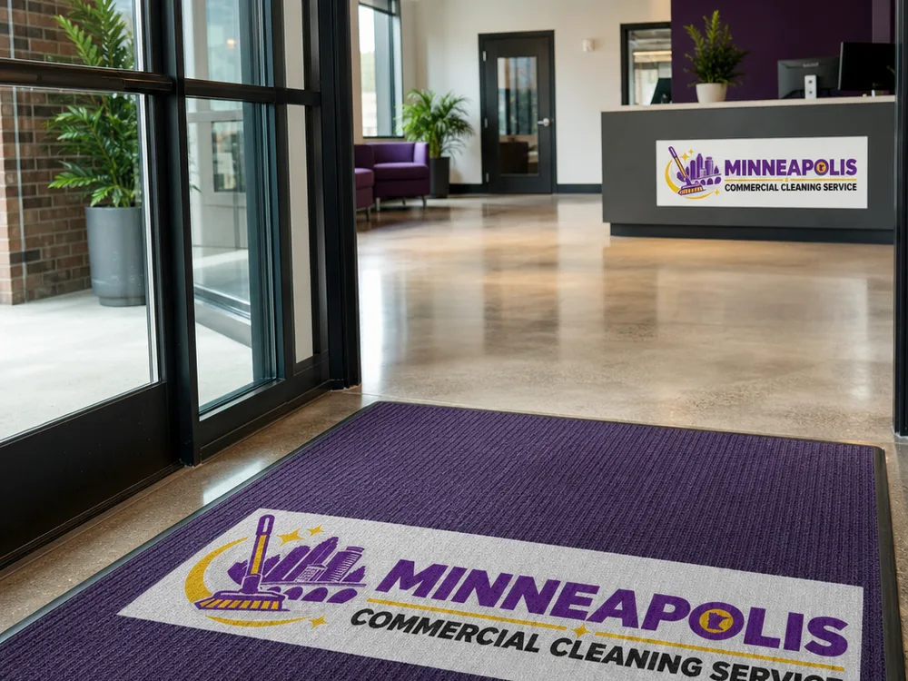 Commercial lobby with vacuum lines in the entry mat, spotless glass doors, and a maintained front desk area