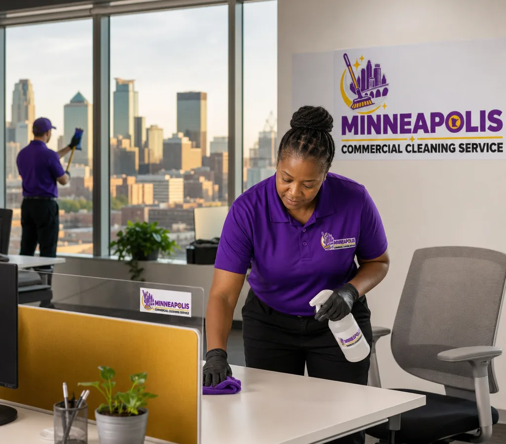 Cleaner sanitizing shared desks and high-touch surfaces in a modern Minneapolis office