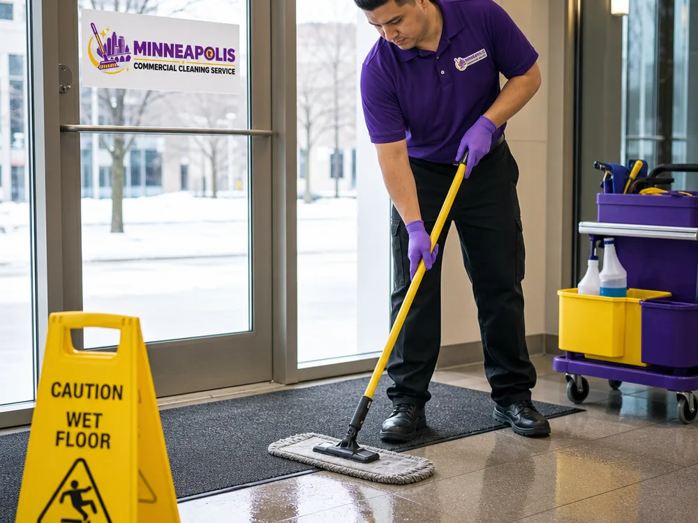 Cleaner removing winter salt residue from an office lobby entryway in Minneapolis