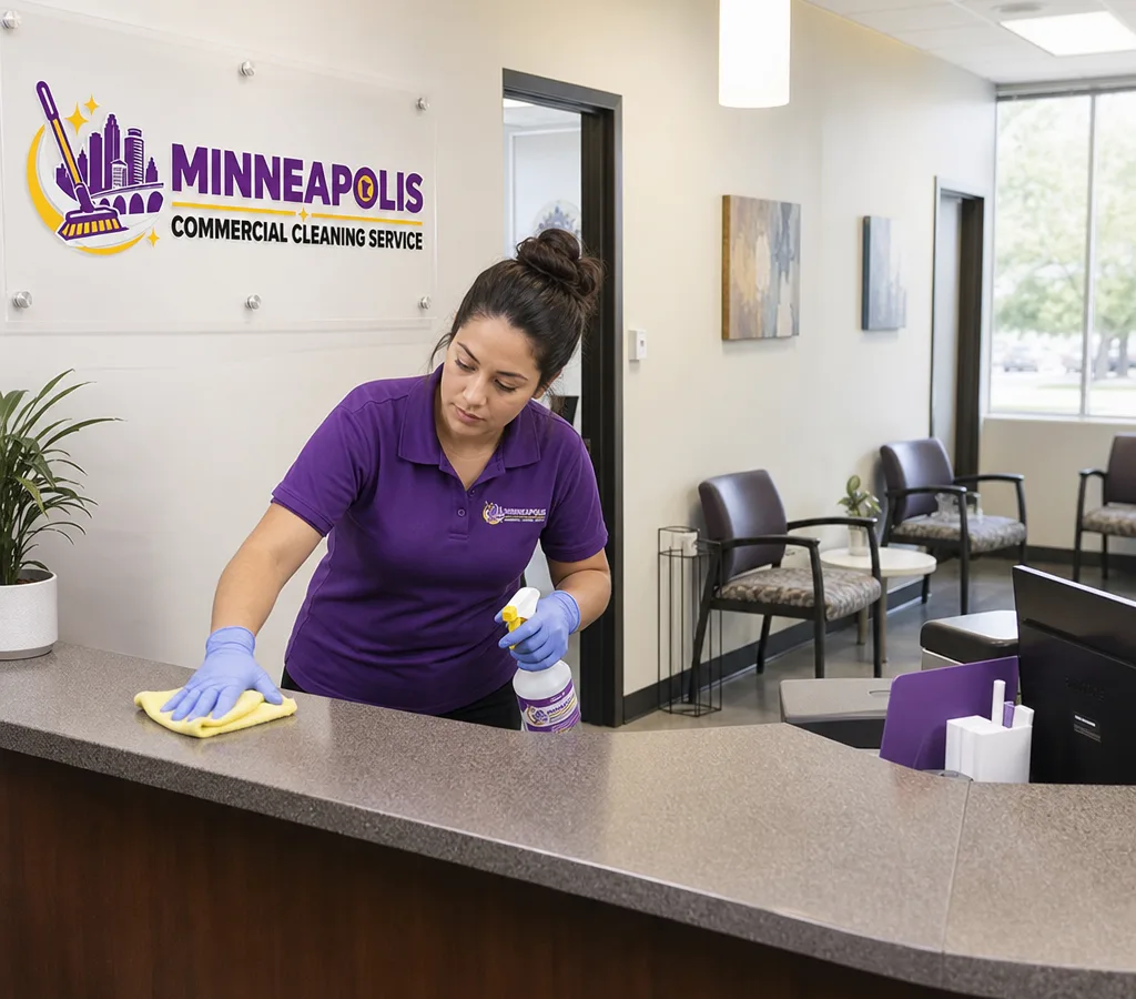 Professional cleaner wiping down a clinic reception counter and check-in area with a tidy waiting room in the background
